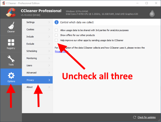 CCleaner privacy settings